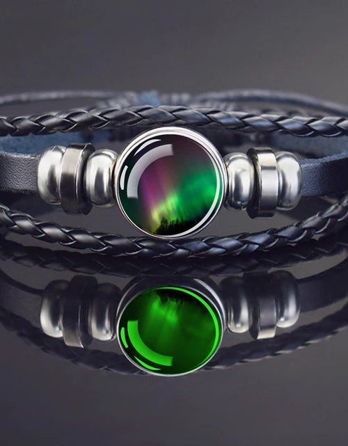 Load image into Gallery viewer, Steampunk Luminous Bracelet - Northern Lights Glass Cabochon Leather Bangle
