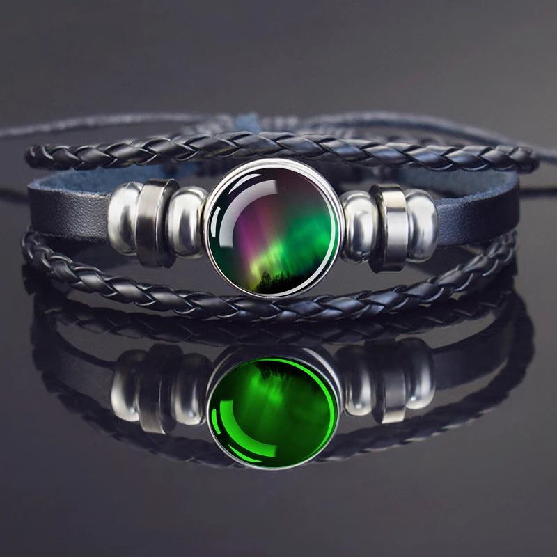 Steampunk Luminous Bracelet - Northern Lights Glass Cabochon Leather Bangle