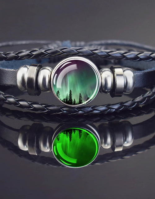 Load image into Gallery viewer, Steampunk Luminous Bracelet - Northern Lights Glass Cabochon Leather Bangle
