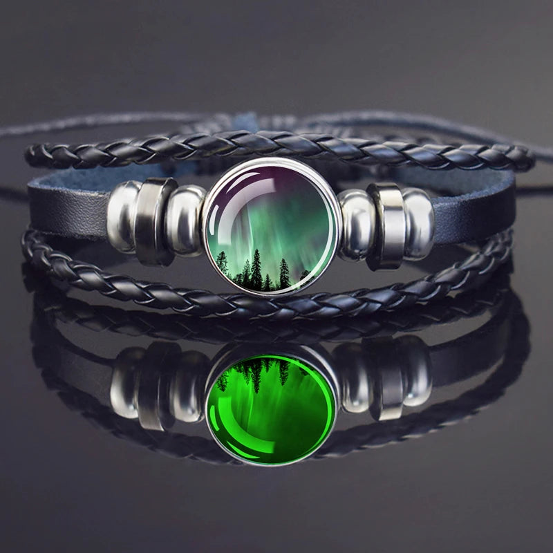Steampunk Luminous Bracelet - Northern Lights Glass Cabochon Leather Bangle