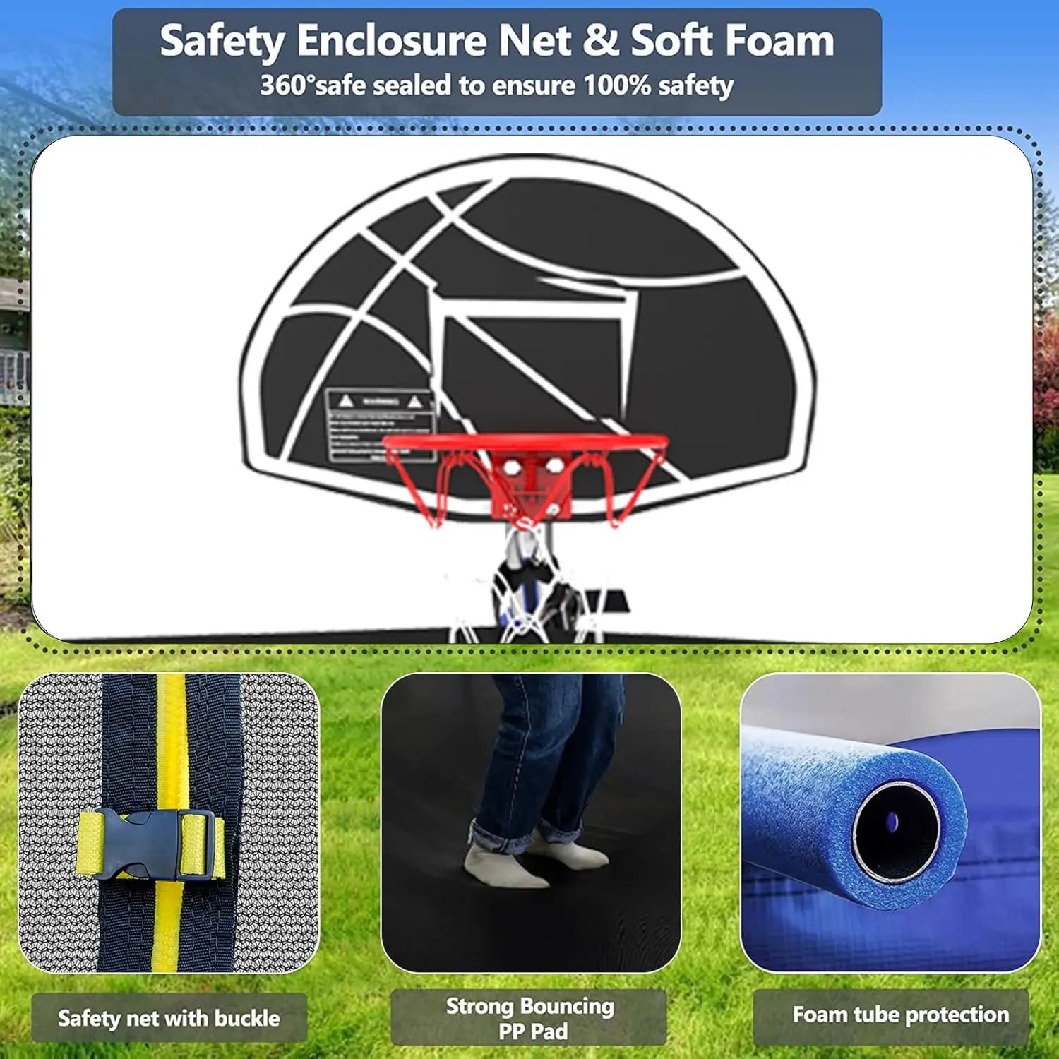 Upgraded Trampoline with Basketball Hoop - 8FT to 14FT Outdoor Backyard