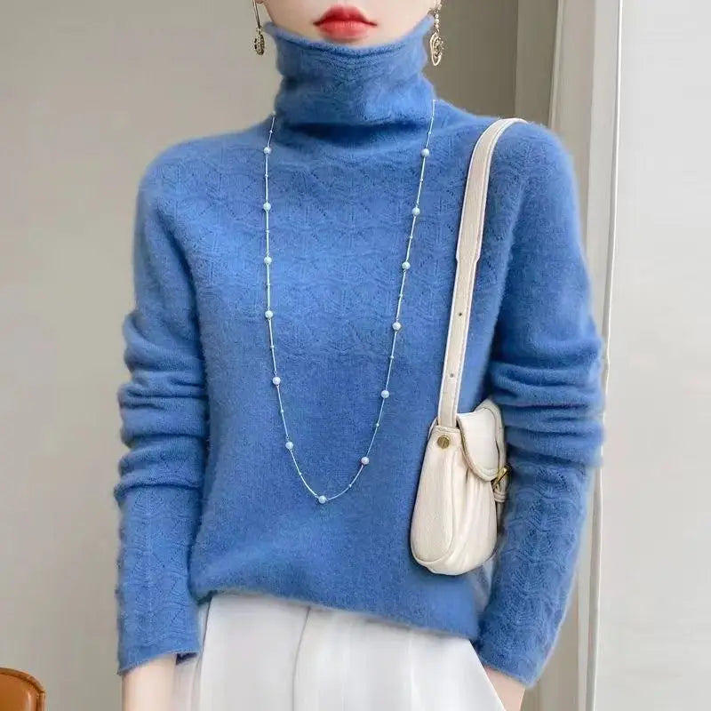 Women's 100% Merino Wool Pullover Sweater - High Neck Winter Sweater