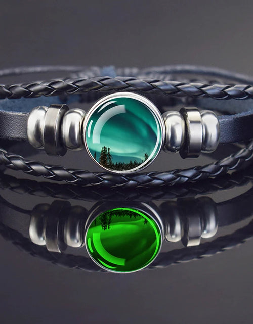 Load image into Gallery viewer, Steampunk Luminous Bracelet - Northern Lights Glass Cabochon Leather Bangle
