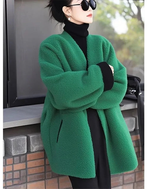 Load image into Gallery viewer, Women's Style Woolen Coat Green Lamb Wool Versatile Jacket Top Female Outerwear
