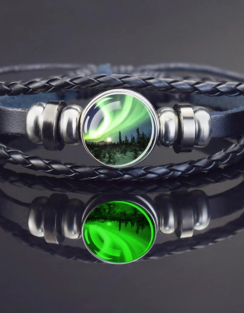 Load image into Gallery viewer, Steampunk Luminous Bracelet - Northern Lights Glass Cabochon Leather Bangle
