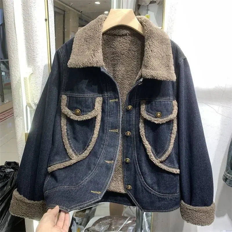 Women's Fur Plush Denim Jacket - Padded Short Winter Coat