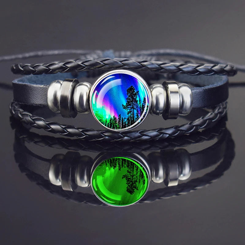 Steampunk Luminous Bracelet - Northern Lights Glass Cabochon Leather Bangle