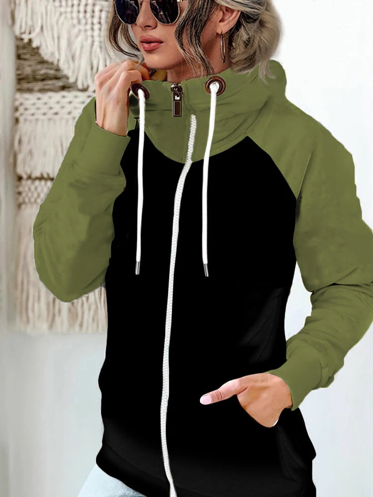 Women's Plus Size Winter Hoodie - Contrast Color Zipper Coat