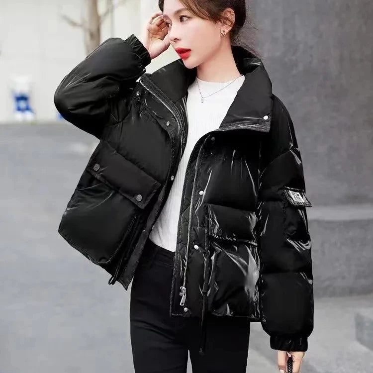 Women's Green Glossy Down Cotton Parka - Short Winter Jacket 2025
