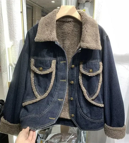 Women's Fur Plush Denim Jacket - Padded Short Winter Coat