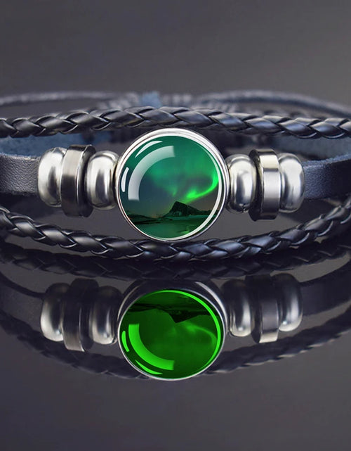 Load image into Gallery viewer, Steampunk Luminous Bracelet - Northern Lights Glass Cabochon Leather Bangle
