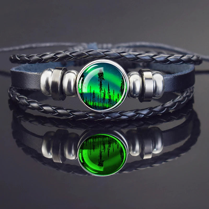 Steampunk Luminous Bracelet - Northern Lights Glass Cabochon Leather Bangle