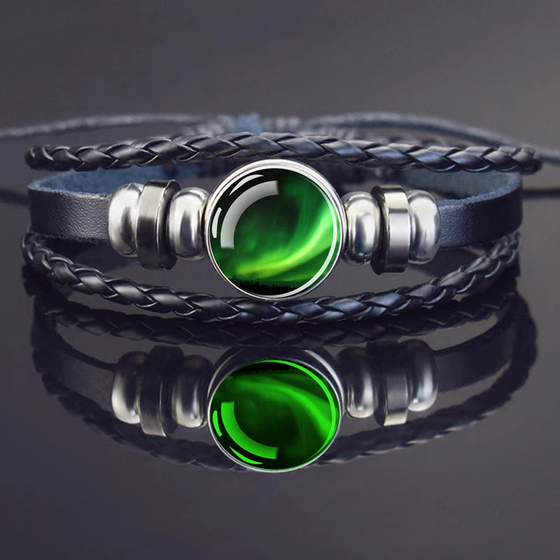 Steampunk Luminous Bracelet - Northern Lights Glass Cabochon Leather Bangle