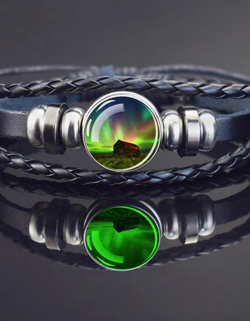 Load image into Gallery viewer, Steampunk Luminous Bracelet - Northern Lights Glass Cabochon Leather Bangle
