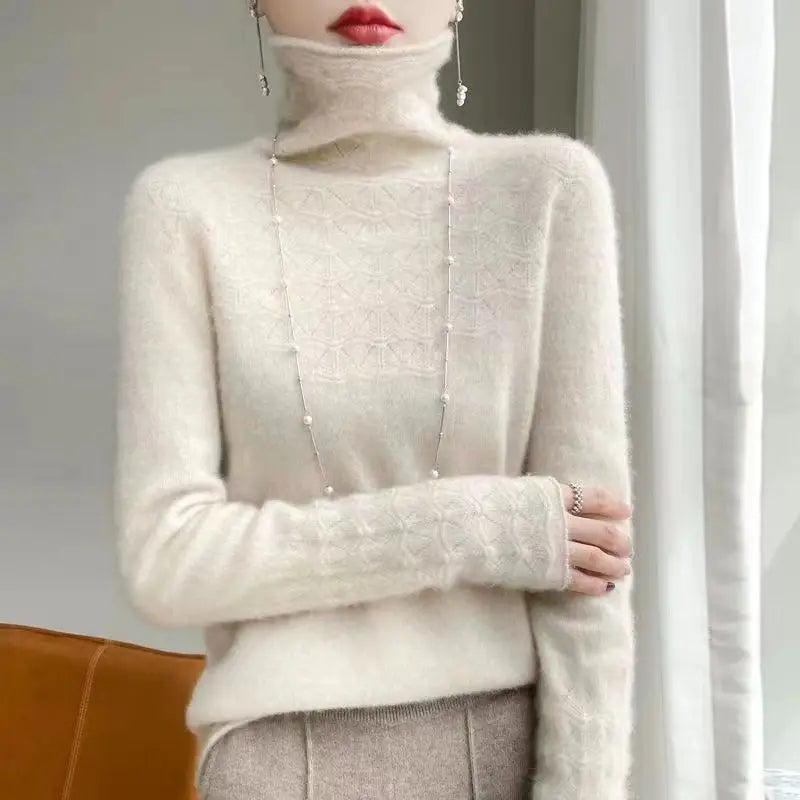 Women's 100% Merino Wool Pullover Sweater - High Neck Winter Sweater