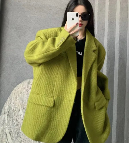 Insozkdg Mustard Green Woolen Women Jackets 2025 New Autumn Winter High-end Sense Loose Mid-length Casual Coat Women Clothing