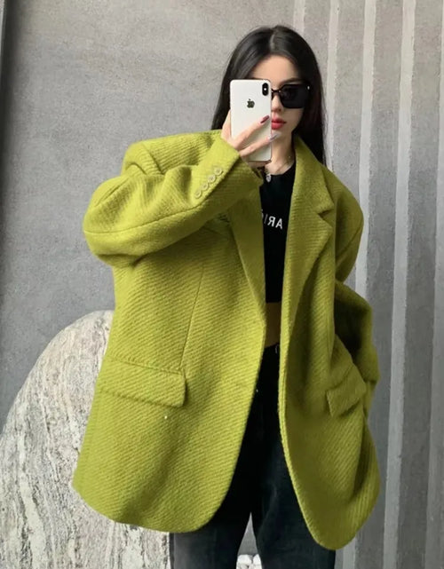 Load image into Gallery viewer, Insozkdg Mustard Green Woolen Women Jackets 2025 New Autumn Winter High-end Sense Loose Mid-length Casual Coat Women Clothing
