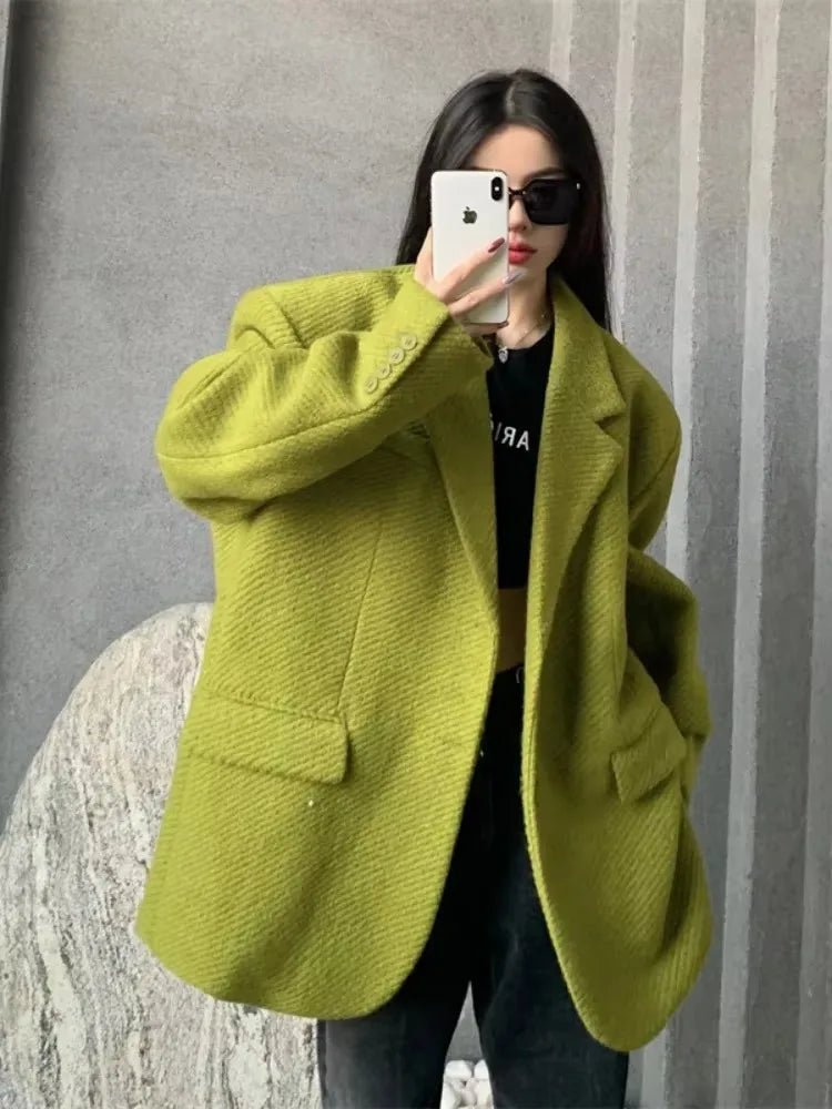 Insozkdg Mustard Green Woolen Women Jackets 2025 New Autumn Winter High-end Sense Loose Mid-length Casual Coat Women Clothing