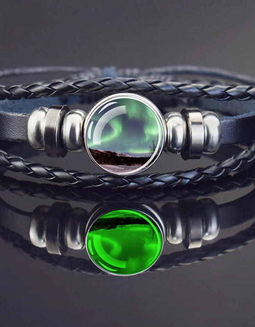 Load image into Gallery viewer, Steampunk Luminous Bracelet - Northern Lights Glass Cabochon Leather Bangle
