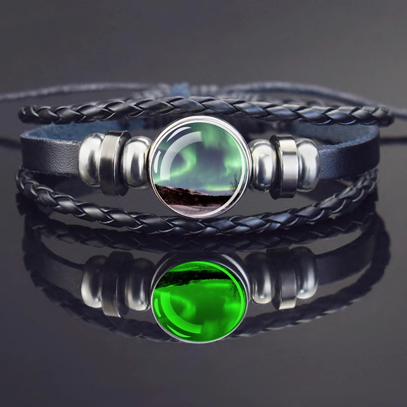 Steampunk Luminous Bracelet - Northern Lights Glass Cabochon Leather Bangle