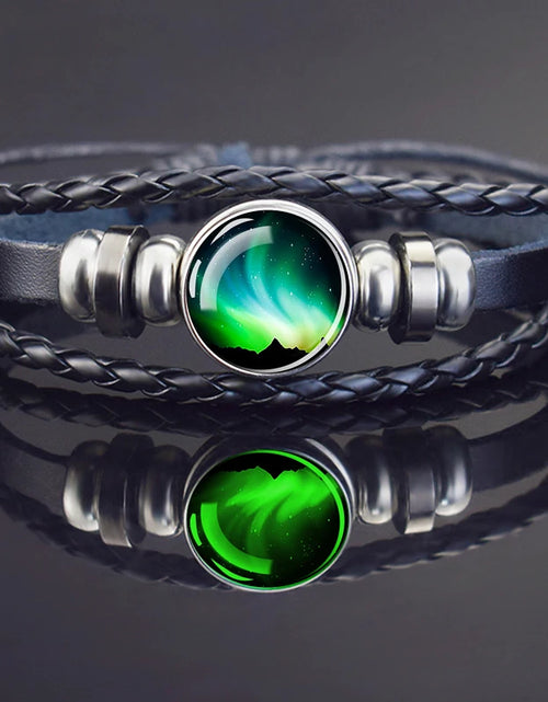 Load image into Gallery viewer, Steampunk Luminous Bracelet - Northern Lights Glass Cabochon Leather Bangle
