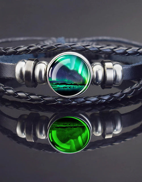 Load image into Gallery viewer, Steampunk Luminous Bracelet - Northern Lights Glass Cabochon Leather Bangle
