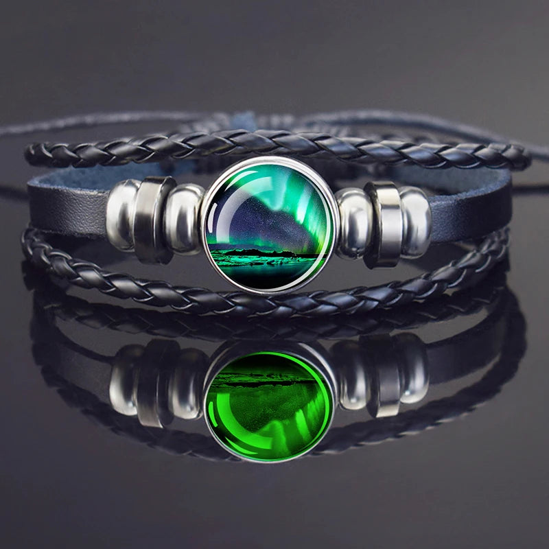 Steampunk Luminous Bracelet - Northern Lights Glass Cabochon Leather Bangle