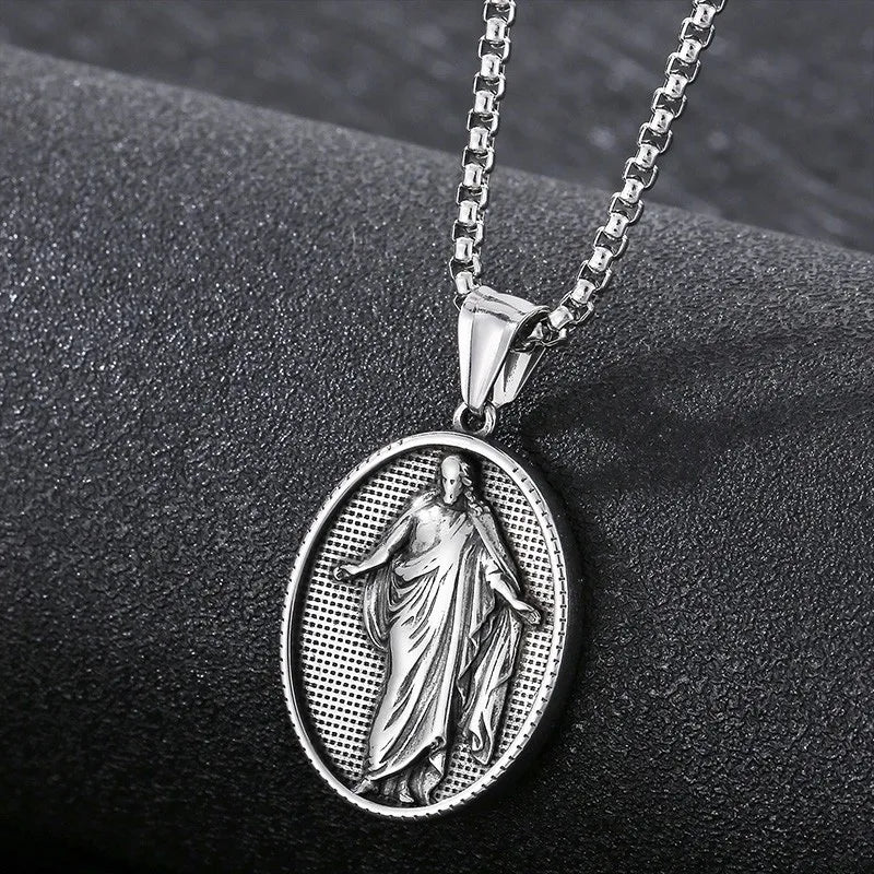 Vintage Christian Jesus Necklace for Men - Stainless Steel Coin Pendant