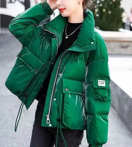 Women's Green Glossy Down Cotton Parka - Short Winter Jacket 2025