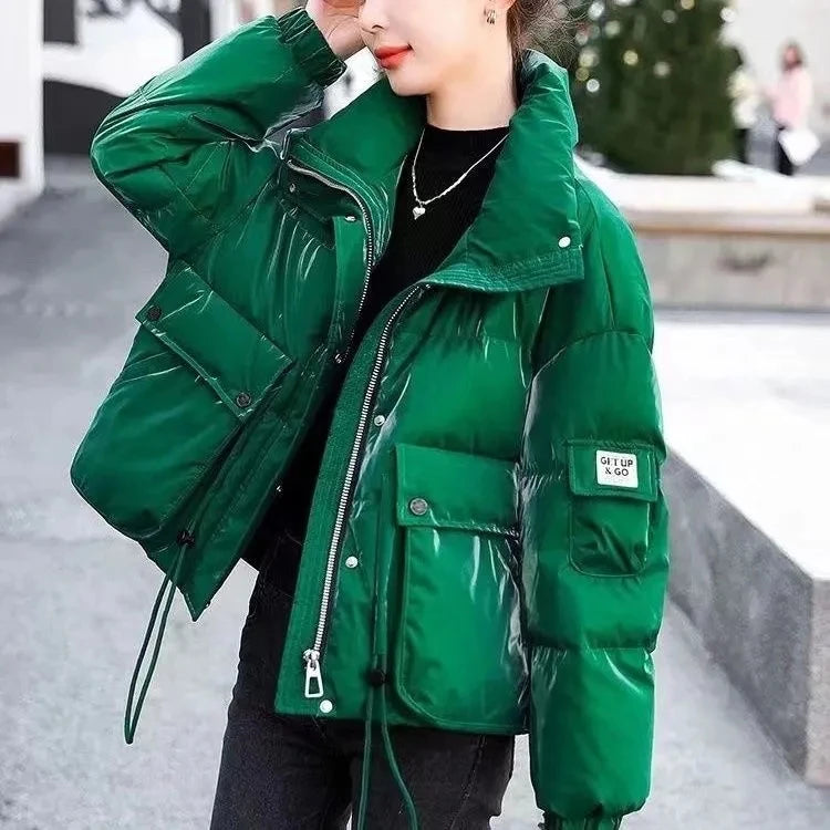 Women's Green Glossy Down Cotton Parka - Short Winter Jacket 2025