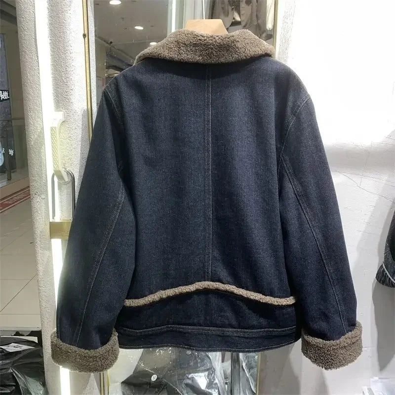 Women's Fur Plush Denim Jacket - Padded Short Winter Coat
