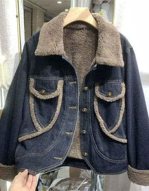 Load image into Gallery viewer, Women's Fur Plush Denim Jacket - Padded Short Winter Coat
