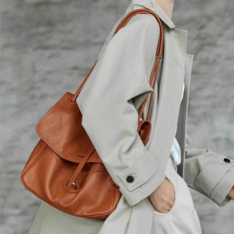 Two-layer Leather Handbag Vintage Crossbody Tote Bag for Commuting Large Capacity Messenger Bag for Women - Soft