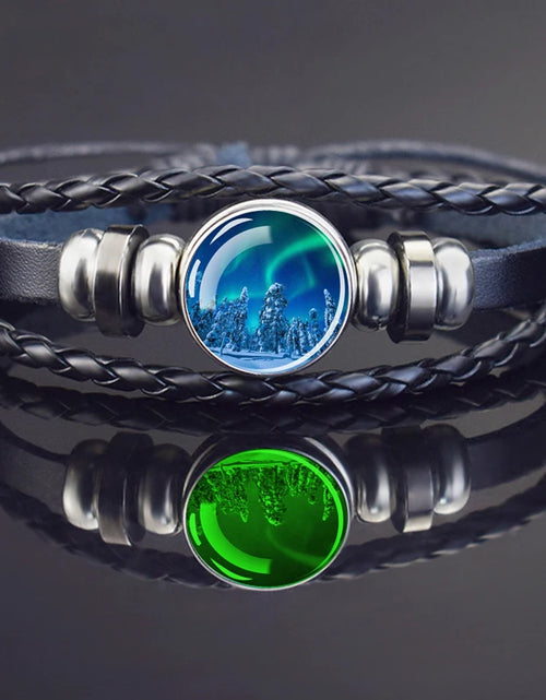 Load image into Gallery viewer, Steampunk Luminous Bracelet - Northern Lights Glass Cabochon Leather Bangle

