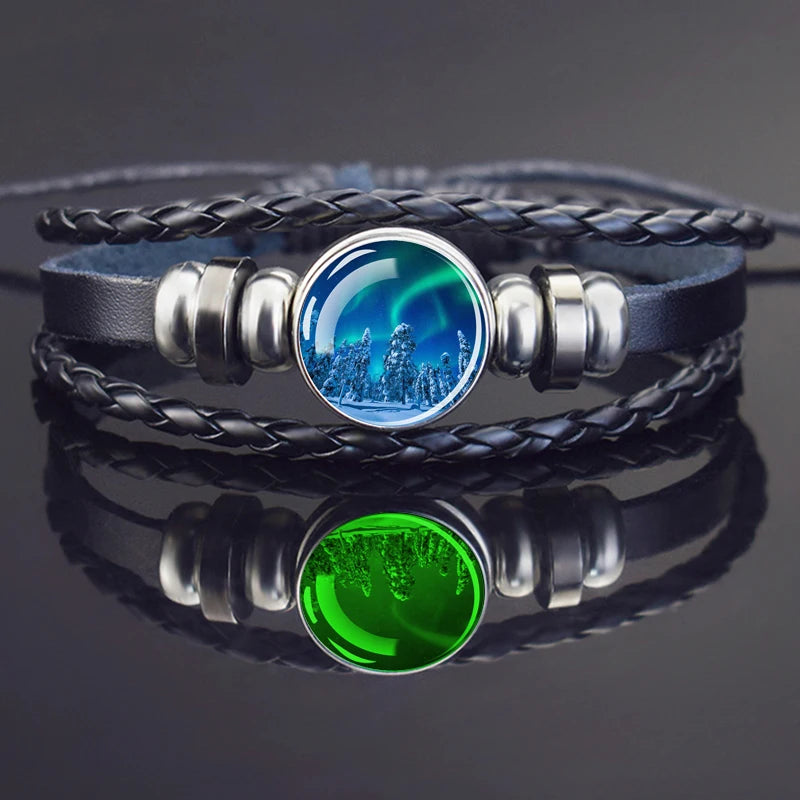 Steampunk Luminous Bracelet - Northern Lights Glass Cabochon Leather Bangle