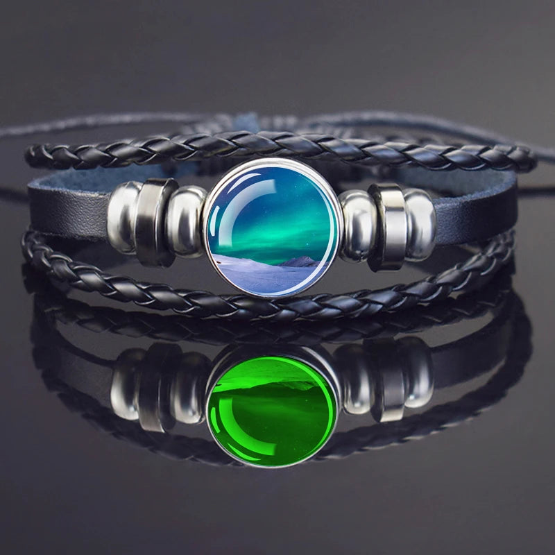 Steampunk Luminous Bracelet - Northern Lights Glass Cabochon Leather Bangle