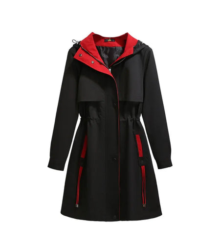 Black coat with red accents on a white background