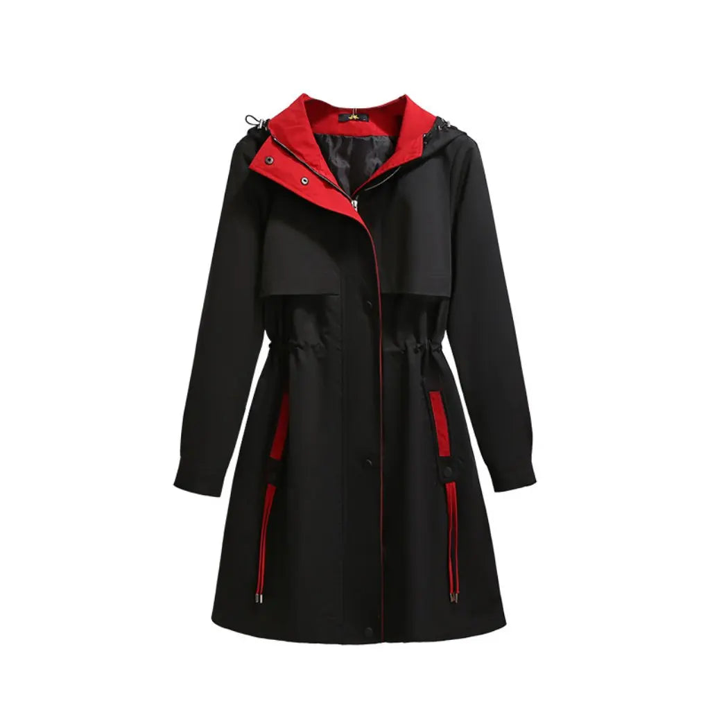 Black coat with red accents on a white background