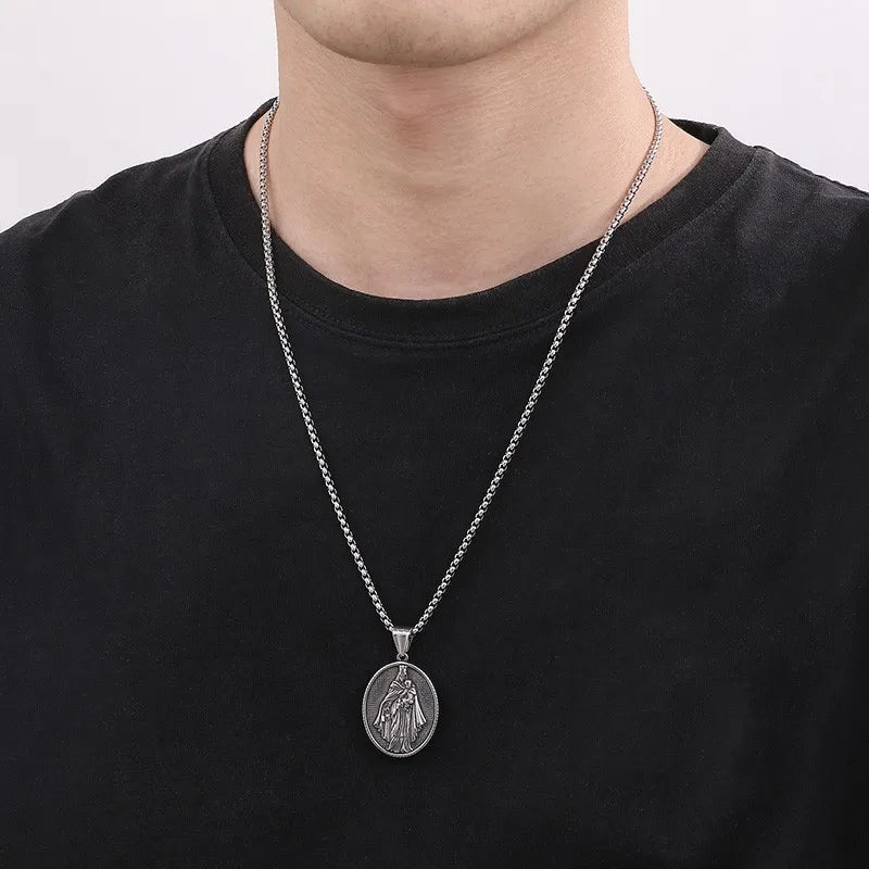 Vintage Christian Jesus Necklace for Men - Stainless Steel Coin Pendant