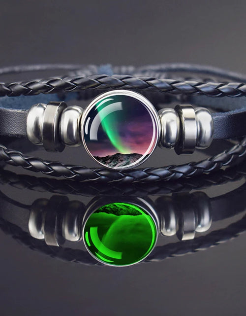 Load image into Gallery viewer, Steampunk Luminous Bracelet - Northern Lights Glass Cabochon Leather Bangle
