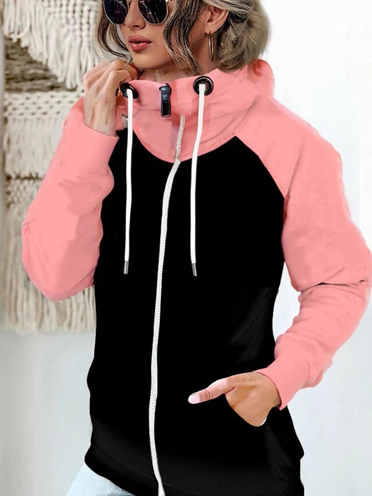 Women's Plus Size Winter Hoodie - Contrast Color Zipper Coat