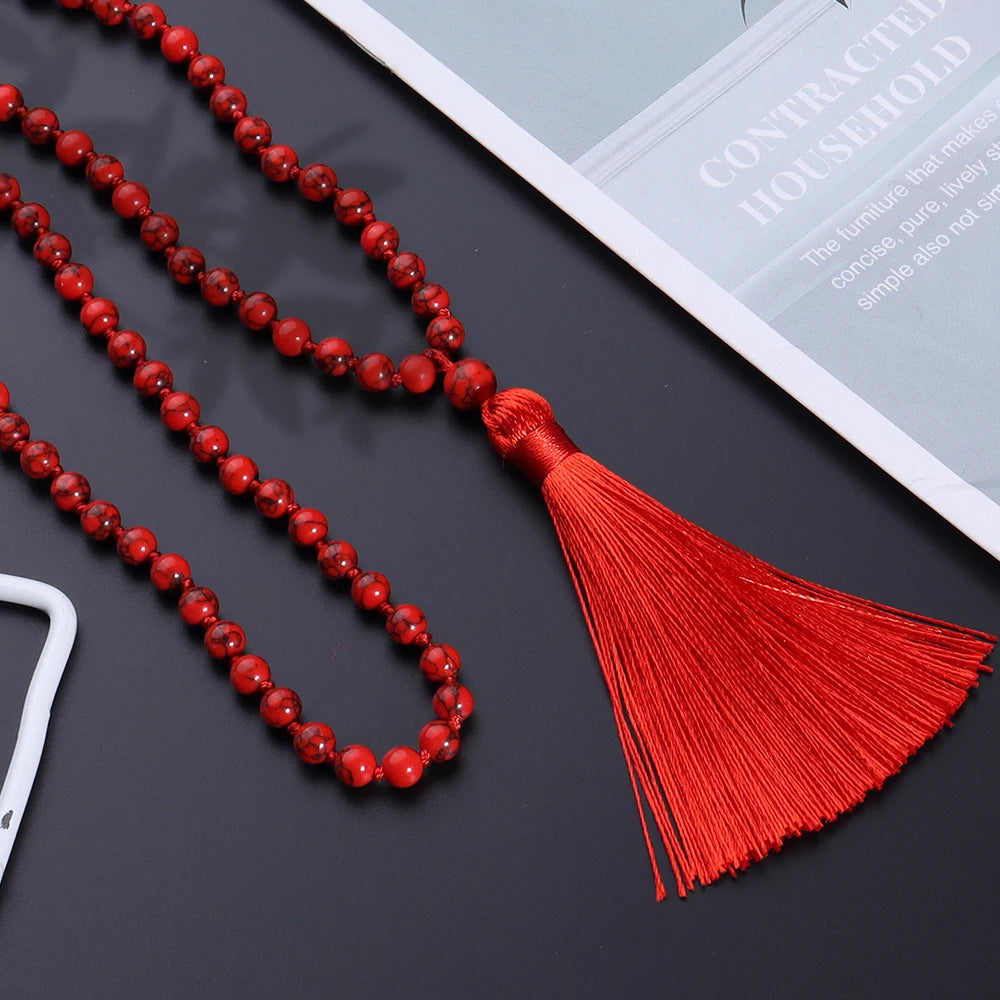 08 Bead Red Turquoise Japamala Necklace - Buddhist Prayer Mala Jewelr