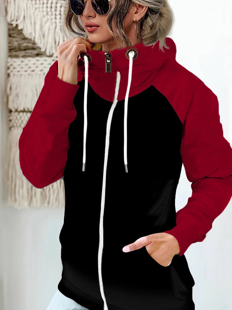 Women's Plus Size Winter Hoodie - Contrast Color Zipper Coat