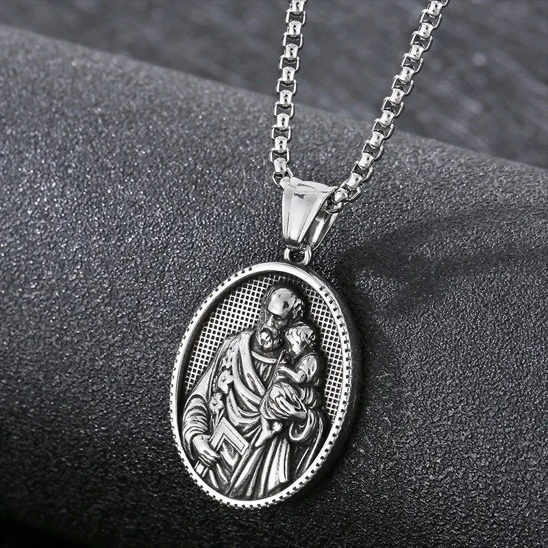 Vintage Christian Jesus Necklace for Men - Stainless Steel Coin Pendant