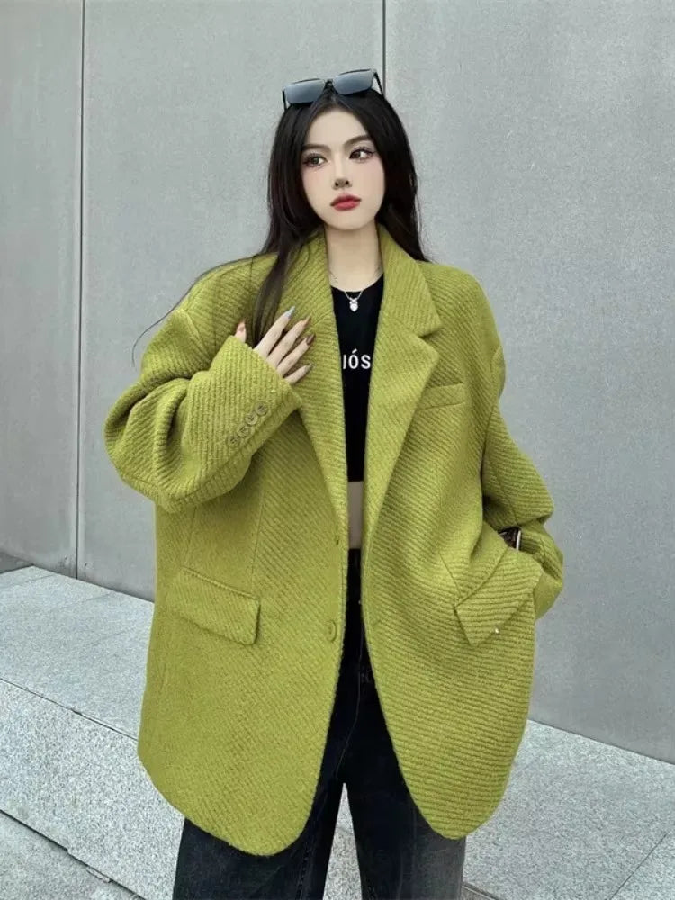 Insozkdg Mustard Green Woolen Women Jackets 2025 New Autumn Winter High-end Sense Loose Mid-length Casual Coat Women Clothing