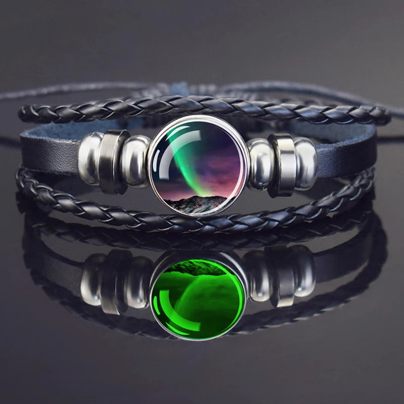 Steampunk Luminous Bracelet - Northern Lights Glass Cabochon Leather Bangle