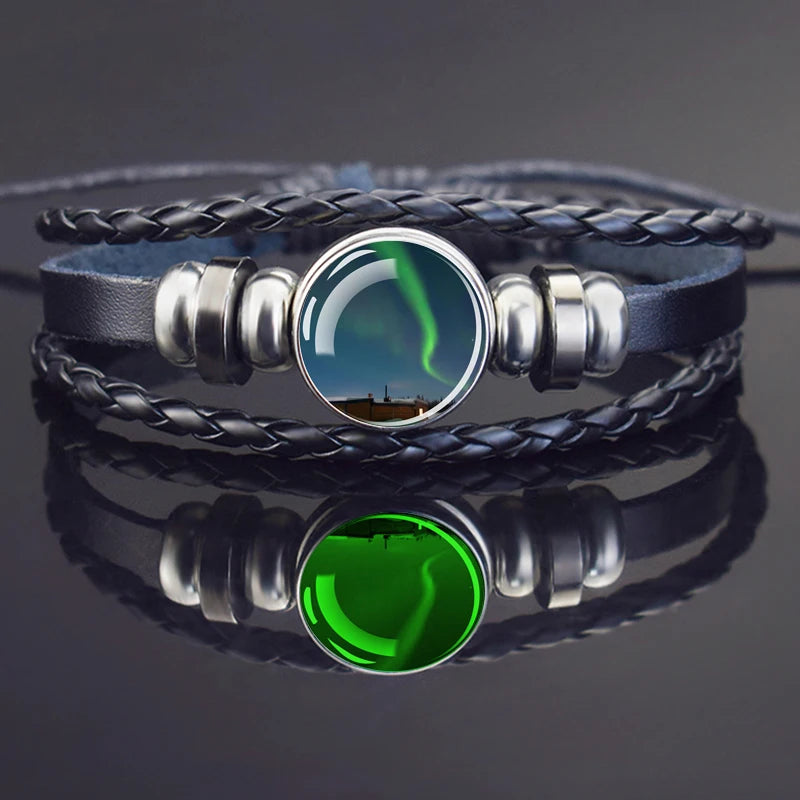 Steampunk Luminous Bracelet - Northern Lights Glass Cabochon Leather Bangle