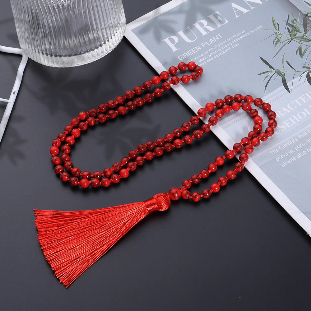 08 Bead Red Turquoise Japamala Necklace - Buddhist Prayer Mala Jewelr