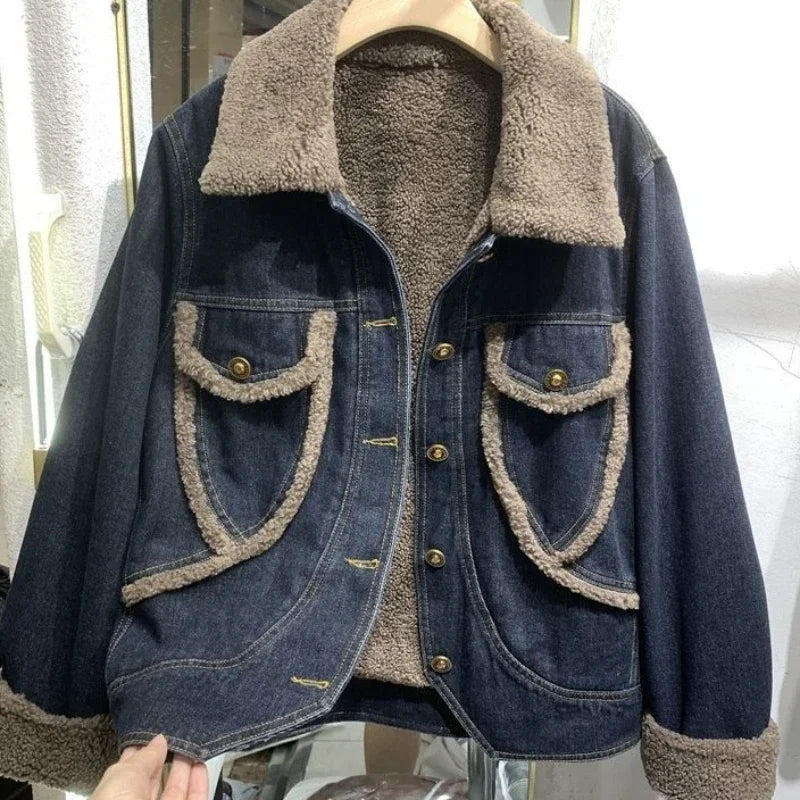 Women's Fur Plush Denim Jacket - Padded Short Winter Coat
