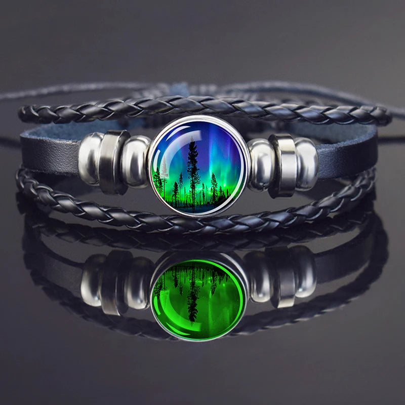 Steampunk Luminous Bracelet - Northern Lights Glass Cabochon Leather Bangle